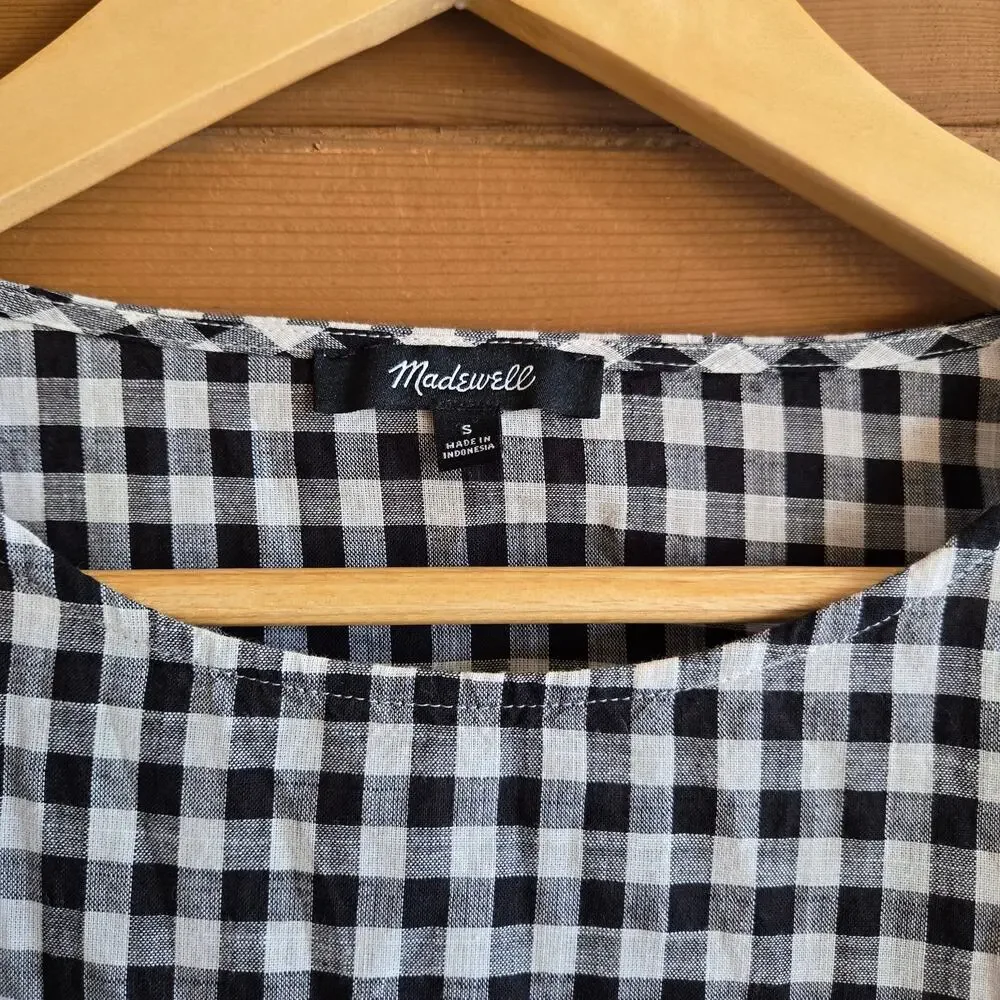 Madewell Top Gingham Bell Sleeve Lace Up Bow Blouse S Black White Retro Shirt - Picture 5 of 6